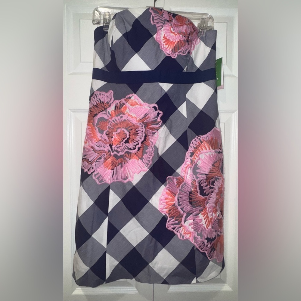 Lilly Pulitzer Strapless Dress in Navy Gingham with Pink Floral Appliqué - Picture 2 of 16